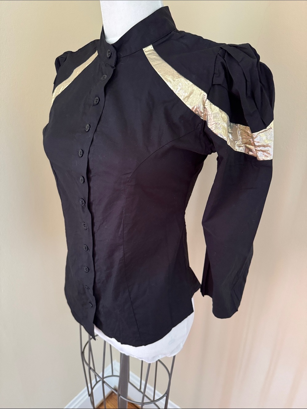 Black Blouse with Gold Shoulder Panels S